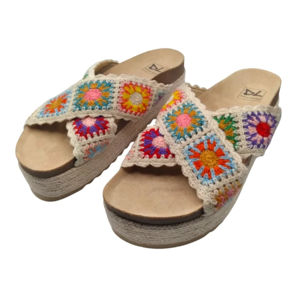 Dirty Laundry Cream Crochet Platform Slide Sandals with Multicolor Accents